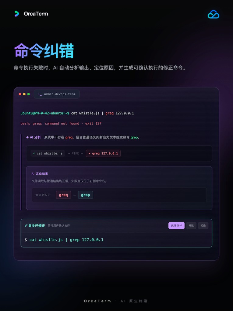 客户端识别 greq 命令不存在，将其纠正为 grep，并生成待确认执行的修正命令